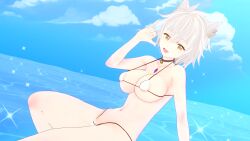 3d beach bell_choker belly_button big_breasts breasts cat_ears catgirl choker core_crystal curvy female female_only kaoskatsu koikatsu! micro_bikini monolith_soft na'el_(xenoblade) nintendo short_hair solo solo_female swimsuit voluptuous white_hair xenoblade_(series) xenoblade_chronicles_3 xenoblade_chronicles_3:_future_redeemed yellow_eyes