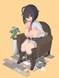 1girls ahoge big_breasts blush breasts clothes clothing dark_hair eyebrows_visible_through_hair female_only lactation lactation light-skinned_female milk original original_character sitting solo spy_artservice tagme yellow_eyes