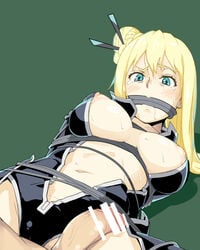 1boy aqua_eyes bar_censor blonde_hair blush bodysuit bondage breasts breasts_out censored female gag gagged green_background hair_bun hair_ornament hair_stick ishinoyari large_breasts long_hair nancy_lee navel ninja_slayer nipple_slip nipples penis solo_focus straight tears unzipped