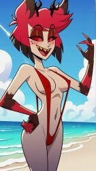 ai_generated alastor_(hazbin_hotel) autismmix_pony(model) beach blush breasts clouds covered_nipples female hazbin_hotel lipstick medium_breasts navel open_mouth rule_63 sharp_teeth sky sling_bikini stable_diffusion