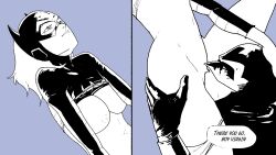 batgirl batgirl_(stephanie_brown) batman_(series) black_and_white dc dc_comics dialogue female large_breasts male oral oral_sex red_bat_(artist) red_robin spoiler_(dc) stephanie_brown tim_drake