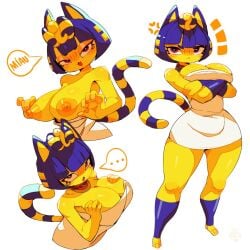 angry animal_crossing animal_ears animal_humanoid ankha ankha_(animal_crossing) arms_crossed blue_hair blush breasts cat_ears curvy egyptian exposed_breasts feline furry german_text huhujujuy large_breasts nintendo text text_bubble yellow_fur