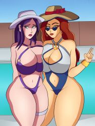 2girls blueartfiend blush caitlyn_kiramman embarrassed league_of_legends looking_over_eyewear looking_over_sunglasses miss_fortune multiple_girls one-piece_swimsuit pool_party_caitlyn pool_party_miss_fortune pool_party_series sunglasses swimsuit swimwear tinted_eyewear yuri