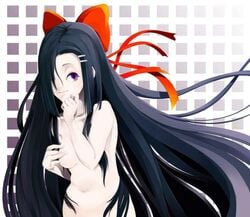 black_hair bow female hair_ornament hairbow kasugano_tsubaki long_hair mirai_nikki nude pale_skin purple_eyes small_breasts smile very_long_hair