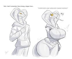 absurd_res anthro blush breast_expansion breast_grab breasts clothing cobra confusion dreamerknights english_text expansion female forked_tongue gender_transformation greyscale hand_on_breast hi_res hip_expansion hissing hoodie male monochrome mtf_crossgender pupils reptile rule_63 scalie simple_background slit_pupils snake snake_hood solo surprise surprised_expression text thick_thighs tongue tongue_out topwear transformation white_background