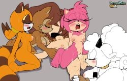 1boy 4girls amy_rose anthro areola ball_sucking blush bouncing breasts chipmunk eulipotyphlan female female_on_top fingering fingering_pussy fingerless_gloves fivesome hedgehog hi_res horny_guy human human_on_anthro interspecies kissing lanolin_the_sheep large_breasts laying_down looking_pleasured making_out male male/female mammal marine_the_raccoon pepamintop raccoon reverse_cowgirl_position sally_acorn sega sex sheep signature simple_background sonic_(series) sonic_the_hedgehog_(series) sweating