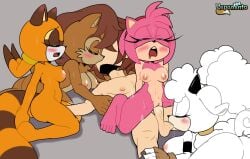 1boy 4girls amy_rose anthro areola ball_sucking blush bouncing breasts chipmunk eulipotyphlan female female_on_top fingering fingering_pussy fingerless_gloves fivesome girl_on_top hedgehog hi_res horny_guy human human_on_anthro interspecies kissing lanolin_the_sheep large_breasts laying_down looking_pleasured making_out male male/female mammal marine_the_raccoon pepamintop raccoon reverse_cowgirl_position sally_acorn sega sex sheep signature simple_background small_breasts sonic_(series) sonic_the_hedgehog_(series) sweating