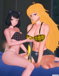 2girls arrancon black_hair black_hair_female blake_belladonna blonde_female blonde_hair canon_couple cat_ears cleavage half-dressed hand_on_breast long_hair long_hair_female multiple_girls pose posing purple_eyes robotic_arm rwby yang_xiao_long yellow_eyes yuri