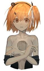 1girls a.i._voice adachi_rei android armpit_crease asano_goji black_shirt breasts covering_breasts covering_privates cropped_torso female hair_ribbon headlamp looking_at_viewer mechanical_parts medium_breasts nude one_side_up open_clothes open_shirt orange_eyes orange_hair parted_lips ribbon robot robot_girl shirt shirt_partially_removed short_hair simple_background solo straight-on utau vent_(object) white_background white_ribbon wide-eyed