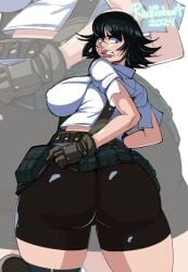 ass bike_shorts breasts cameltoe devil_may_cry embarrassed fully_clothed hyper_thighs lady_(devil_may_cry) looking_back massive_thighs nipple_bulge pants radlionheart shocked_expression shorts sideboob thunder_thighs upskirt