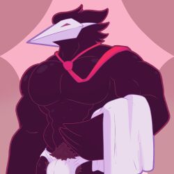 anthro avian black_pubes cherraphim darkner deltarune hi_res male male_only mask muscular muscular_anthro muscular_male necktie pubes solo swatchling undertale_(series)