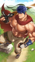 abs bara biceps blue_eyes blue_hair bulge clothing fire_emblem fire_emblem:_path_of_radiance fire_emblem:_radiant_dawn ike_(fire_emblem) looking_at_viewer male male_nipples male_only muscular_male nintendo nipples pecs ruisselait tight_clothing