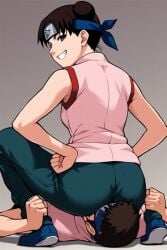 ass ass_focus ass_smothering brown_eyes, facesitting, femdom, from_behind, fully_clothed looking_at_viewer naruto_(series), smug teeth tenten