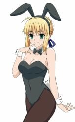 bunny_ears bunny_tail bunnysuit cleavage cosplay fate/stay_night fate_(series) hfxpins saber yellow_hair