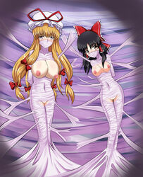 2girls arms_behind_back black_hair blonde_hair bondage bound bow breasts breasts_out brown_eyes cyber_(cyber_knight) exposed_breasts female female_only femsub gag gagged hair_tubes hairbow hat helpless long_hair multiple_girls multiple_subs mummification nipples over_the_nose_gag pussy reimu_hakurei silk spider_web tied_up touhou uncensored web web_bondage web_gag yukari_yakumo