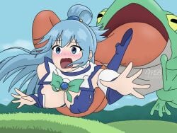 1girls aqua_(konosuba) blue_eyes blue_hair boots bow cleavage damsel_in_distress female frog frog_tongue giant_toad goddess imminent_vore kono_subarashii_sekai_ni_shukufuku_wo! magikbear medium_breasts monster reaching_out screaming self_upload toad torn_clothes wrapped