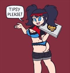 blue_eyes braces cleavage english_text female khu lingerie_under_clothes pizza_box pizza_delivery pizza_thot sharp_teeth shirt_up shorts_down simple_background speech_bubble tagme tips_(gats) uniform