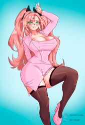 1female 1girls big_breasts big_thighs black_stockings bra breasts costume green_eyes light-skinned_female light_skin long_hair long_hair_female nicole_demara pink_clothing pink_hair pink_hair_female stockings thighs wirichiroga wiricmisaki zenless_zone_zero