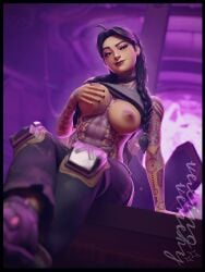 1girls 2024 3d 3d_(artwork) abs areolae big_breasts black_hair blender bottomwear braided_hair braided_twintails breast_grab breasts clothed clothing epic_games female female_focus female_only fortnite fortnite:_battle_royale freckles freckles_on_face green_eyes hand_on_breast hi_res highres jules_(fortnite) light-skinned_female light_skin looking_at_viewer medium_breasts nipples nose_piercing pants ponytail ponytails pose posing presenting presenting_breasts shirt shirt_lift shirt_up sitting sitting_on_desk smile smiling solo solo_focus table tattoo topwear vexingvenery watermark