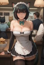 ai_generated bare_shoulders black_hair black_thighhighs bob_cut bow bowtie bowtie_collar cafe cat_ears cat_tail catgirl civitai cleavage collar elbow_gloves green_eyes happy indoors isekai_shikkaku large_breasts light_green_hair_streaks maid maid_apron maid_headdress maid_outfit maid_uniform short_hair sleeveless solo_focus strapless streaked_hair tama_(isekai_shikkaku) thighhighs