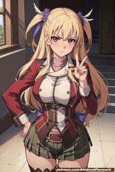 ai_generated aindroidparanoid alisa_reinford blonde_hair breasts hips long_hair narrow_waist peace_sign red_eyes ribbons school_uniform schoolgirl schoolgirl_uniform shirt skirt stable_diffusion the_legend_of_heroes thick_legs tight_clothes trails_of_cold_steel twintails wide_hips