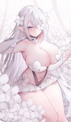 elf fingerless_gloves flower_in_eye flower_in_hair highleg_panties huge_breasts long_gloves long_hair miniskirt original original_character pointy_ears white_flower white_hair white_panties