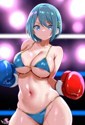 ai_generated artist_logo big_breasts bikini blue_eyes blue_hair boxing_gloves boxing_ring cute highres madoka_worship magical_girl mahou_shoujo_madoka_magica miki_sayaka pov puella_magi_madoka_magica short_hair sweat sweating voluptuous_female wide_hips