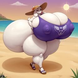 1girls ai_generated anthro ass_built_separately beach female female_only gigantic_ass gigantic_breasts goat hourglass_figure hyper_ass hyper_breasts hyper_thighs looking_at_viewer meat_wall_(body_type) nipple_bulge outdoors sand sandals smile solo sunhat swimsuit tagme thick_thighs toriel undertale walking