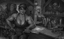 big_breasts cleavage cyclops digital_painting_(artwork) dwarf elf_ears elf_female fantasy female grayscale greyscale justsomenoob large_breasts looking_at_viewer monochrome muscles muscular muscular_female orc orc_female pepe_the_frog pinup tavern