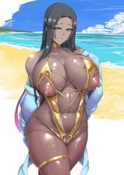 1girls beach black_hair breasts dark-skinned_female dark_skin fate/grand_order fate_(series) female green_eyes hips huge_breasts ky. long_hair naughty_face outdoors scheherazade_(fate) thick_thighs thighs wide_hips