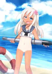 beach blue_eyes blush bottomless cloud crop_top female flower hair_flower hair_ornament happy innertube kantai_collection long_hair mumu_(mumunyan) navel ocean one-piece_tan open_mouth pussy ro-500_(kantai_collection) school_uniform serafuku sky smile solo tan_lines thighs torpedo uncensored water white_hair