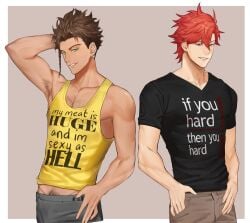 2boys arm_up armpit_hair armpits black_shirt braid brown_eyes brown_hair brown_pants claude_von_riegan clothes_writing dark-skinned_male dark_skin fire_emblem fire_emblem:_three_houses green_eyes grey_pants male male_focus male_only multiple_boys nintendo pants pubic_hair red_hair shirt short_hair smile sylvain_jose_gautier t-shirt tank_top teeth yellow_tank_top zhineart