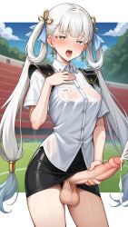 1futa ahe_gao ai_generated balls cum dickgirl ejaculation futanari gold_skirt intersex jinhsi_(wuthering_waves) pencil_skirt penis slitless_pencil_skirt testicles tight_pencil_skirt twintails white_shirt wuthering_waves yuuki_snow
