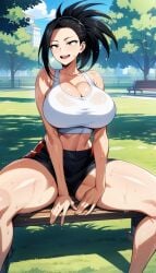 ai_generated big_breasts black_shorts breasts cleavage collarbone female female_focus female_only kemonogirls large_breasts momo_yaoyorozu my_hero_academia shorts tank_top thick_thighs thighs white_tank_top