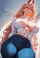 ai_generated big_breasts big_hips big_thighs chainsaw_man cleavage curvy jeans looking_at_viewer mommy power_(chainsaw_man) soujii thiccwithaq_(ai_style) thick_hips thick_thighs wide_hips