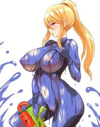 1girls anime_style blonde_hair blush bodypaint breasts busty cleavage crossover erect_nipples false_clothes female female_only firearm hand_on_own_chest handgun hourglass_figure huge_nipples human ink konno_tohiro large_breasts long_hair looking_at_viewer metroid navel nintendo nipples nude painted_clothes pale_skin ponytail purple_eyes pussy samus_aran solo splatoon splattershot straight_hair tied_hair uncensored voluptuous weapon zero_suit zero_suit_samus