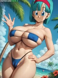 1girls ai_generated bikini blue_hair bulma_briefs bulma_briefs_(frieza_saga) cleavage curvaceous curvy_body curvy_female curvy_figure dragon_ball dragon_ball_super dragon_ball_z female female_focus female_only huge_breasts mature_female older_female panda-ai panda_ai seductive_look short_hair smile solo stable_diffusion