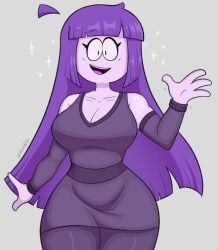 curvy dress female large_breasts lila_(spooky_month) long_hair long_sleeves purple_clothing purple_hair sketchfins spooky_month thick_thighs thighs waving_at_viewer