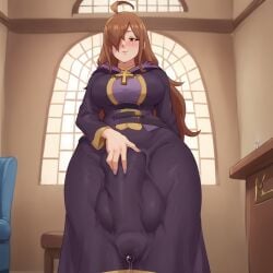 1futa ahoge ai_generated brown_hair bulge_grab bulge_through_clothing bulge_under_clothes erect_penis erection futa_only futa_sans_pussy futanari hair_between_eyes huge_cock kono_subarashii_sekai_ni_shukufuku_wo! large_balls large_penis purple_dress smug_face spartan25 wiz_(konosuba)