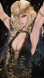 armlet armpits big_breasts black_background black_dress blonde_hair braid braided_ponytail breasts circlet cleavage closed_mouth commentary dress elden_ring female female female_only fromsoftware gold_armlet gold_circlet hair_over_one_eye highres jewelry large_breasts lips long_hair looking_at_viewer magion02 milf queen_marika_the_eternal sleeveless sleeveless_dress solo very_long_hair yellow_eyes