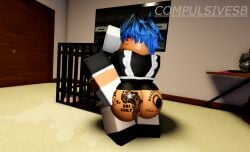 3d ass ass_focus bedroom big_ass blue_hair blush blushing blushing_at_viewer branded bubble_ass bubble_butt butt_focus cage compulsivesb condom condoms cum_stain degrading_tattoo dog_bowl interracial maid maid_outfit maid_uniform owned roblox roblox_avatar roblox_background roblox_studio robloxian squat squatting squatting_position tattoo tattoo_on_butt tattoos