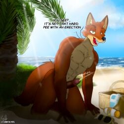 abs anthro balls beach bodily_fluids canid canine chest_tuft circumcised crouching dialogue disney fluffy fox fur genital_fluids genitals glans green_eyes hi_res humanoid_genitalia humanoid_penis logan_silver looking_at_viewer male mammal muscular muscular_anthro muscular_male nick_wilde onomatopoeia pecs peeing penis pink_glans red_body red_fox red_fur solo sound_effects speech_bubble tail tail_tuft talking_to_viewer tan_body tan_fur text true_fox tuft urine urine_stream watersports zootopia