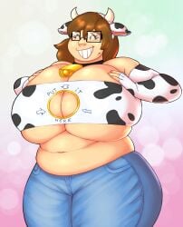 bbw big_breasts breasts_bigger_than_head brown_hair chubby cow_bikini cow_costume cow_print cow_print_bikini cow_print_gloves cowbell fat fimif gigantic_breasts glasses huge_breasts inconvenient_breasts jeans marigold_farmer nerd nerdy_female questionable_content topless topless_female touching_breast