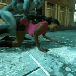 1boy 2girls ass_grab big_ass big_breasts bikini black_skin crossover doggy_style grabbing_from_behind hunter_(left_4_dead) infected left_4_dead_2 nude_male outlast rochelle_(left_4_dead) shorts walrider zoey_(left_4_dead)