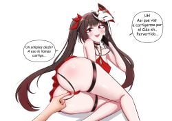 1boy 1girls anal anal_access anal_fingering anal_masturbation anal_only anal_only_panties backless_panties brown_hair devil4826 dress female female_focus honkai:_star_rail huge_ass male red_eyes spanish_text sparkle_(honkai:_star_rail) text twintails