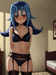 ai_generated bedroom blue_hair blush embarrassed female hi_res kamishiro_rio legwear lingerie lingerie_only long_hair looking_at_viewer navel nervous red_eyes rio_kamishiro solo ttan underwear yu-gi-oh! yu-gi-oh!_zexal