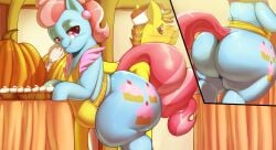 2014 apron big_ass blush bubble_butt chubby cupcake cutie_mark duo earth_pony green_eyes hasbro looking_at_ass mr._cake_(mlp) mrs._cake_(mlp) my_little_pony my_little_pony_friendship_is_magic naked_apron pink_earrings pumpkin purple_eyes source_deleted sweating tablecloth trinity-fate62 white_apron yellow_apron