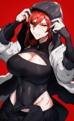 1girls abs big_breasts breast_scar face_scar female female_only hood kazuya_(kozun) muscular_female oc red_eyes scars