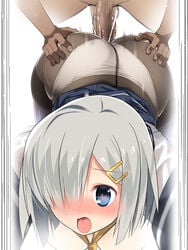 anal black_legwear blue_eyes clothed_sex crotch_seam cum female gloves hair_ornament hairclip hamakaze_(kantai_collection) heart heart-shaped_pupils highres kantai_collection kuro_chairo_no_neko open_mouth panties panties_under_pantyhose pantyhose penis sex short_hair silver_hair solo_focus straight symbol-shaped_pupils thighband_pantyhose underwear white_gloves