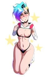 1girls bikini blue_hair breasts breasts_out fitiddies hoodie looking_at_viewer luna_(spacyluna) multicolored_hair multicolored_pubic_hair navel nipples original original_character pink_eyes pubic_hair pubic_hair_peek small_breasts smiling smiling_at_viewer spacyluna